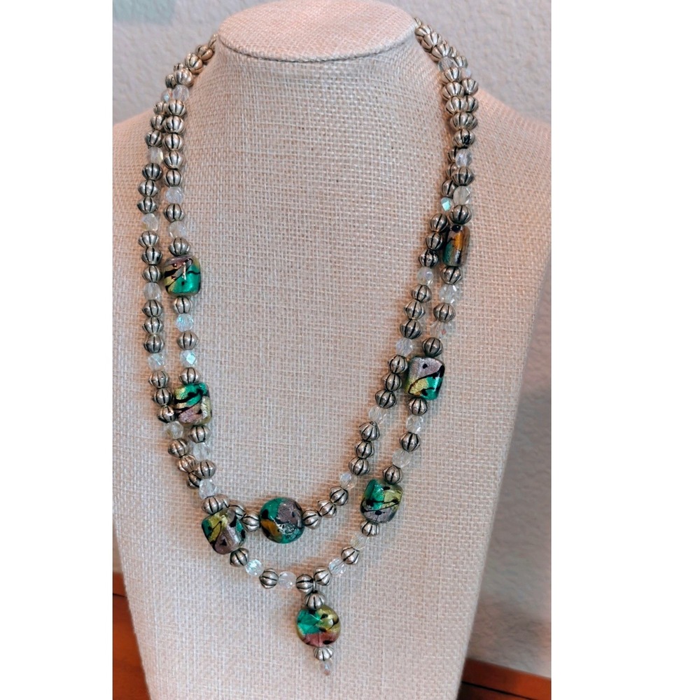 Vintage Art Glass Aurora Borealis Necklace Silver Tone Multi Strand Beaded 26in